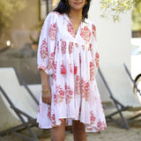 Dolma - Raya Block Printed Mini Dress White Coral 