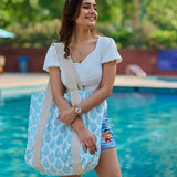 Anju Jewelry - Handcrafted Canvas Bag with Block-Printed Sky Blue Leaves