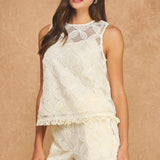 Strut & Bolt - Fringe Hem Floral Medallion Crochet Sleeveless Top