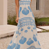 Rosa Clothing - Ocean Inspired scallop print Spaghetti straps maxi dress