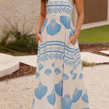 Rosa Clothing - Ocean Inspired scallop print Spaghetti straps maxi dress
