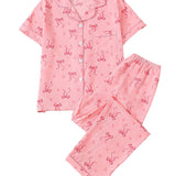 Rosa Clothing - Cute Printed Short-Sleeve Top And Pants Pajama Set