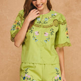 Strut & Bolt - Embroidered Floral Lace Detail Scalloped Short Sleeve Top