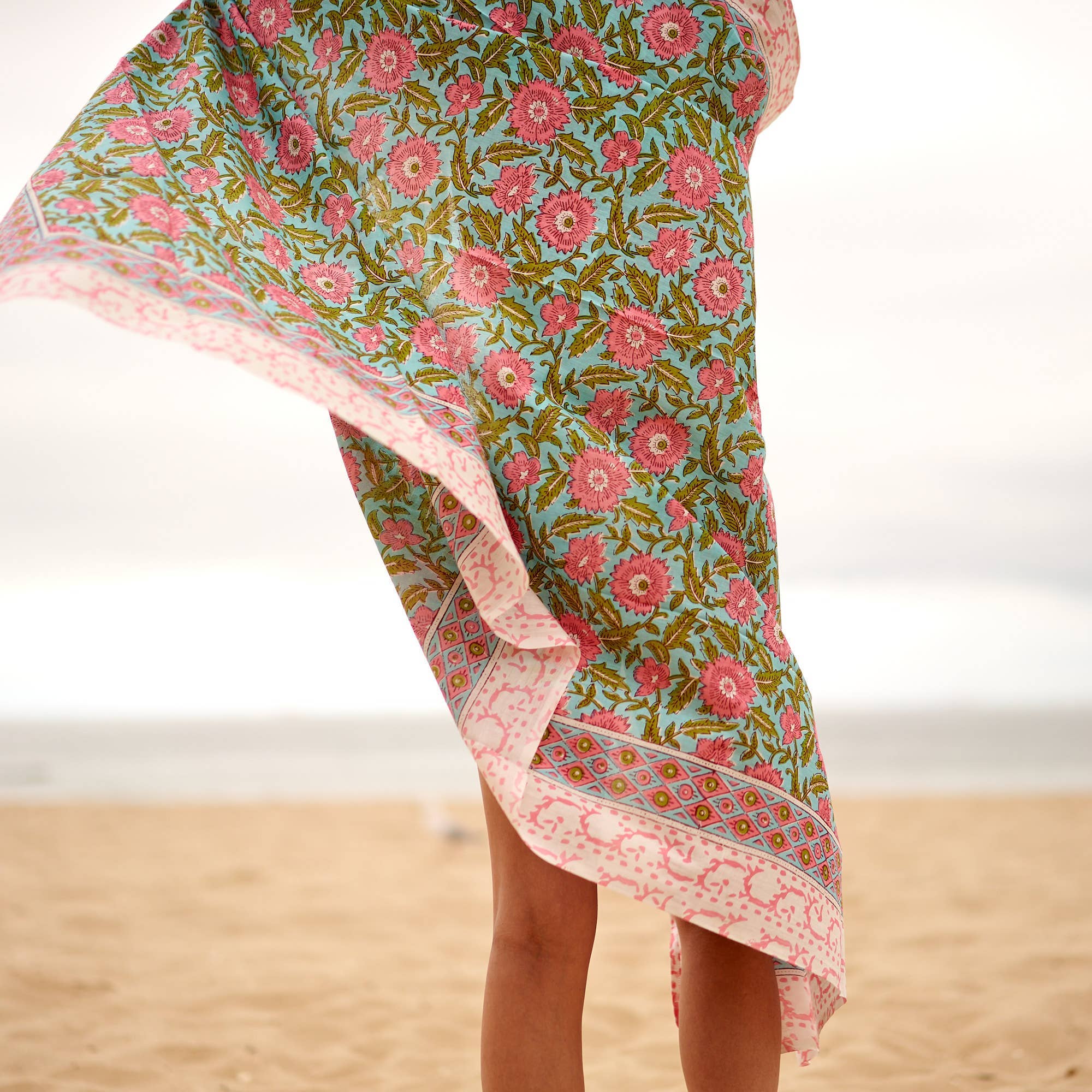 Boho-Eclectica - Block Print Cotton Sarong - Pink Floral