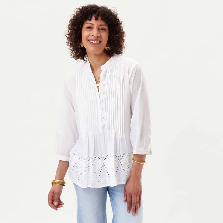 White Pintuck Tunic with Eyelet