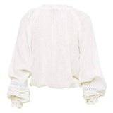 Rosa Clothing - Drawstring V Neck Puff 3/4 Sleeve Boho White Shirt