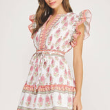 Strut & Bolt - Floral Block Print Poplin Ruffle Sleeve Mini Dress