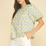 PINCH - TROPICAL PALM PRINT PUFF SLEEVE TOP - 7163TA