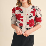 &MERCI - FLORAL KNIT SHORT PUFF SLEEVE SWEATER CARDIGAN MSW11393