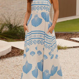 Rosa Clothing - Ocean Inspired scallop print Spaghetti straps maxi dress