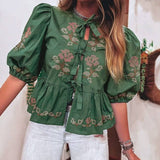 Rosa Clothing - Retro Boho Floral Embroidery Tie Front Top