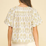 PINCH - TROPICAL PALM PRINT PUFF SLEEVE TOP - 7163TA