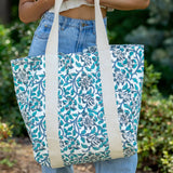 Anju Jewelry - Handcrafted Canvas Bag with Block-Printed Blue Thistle