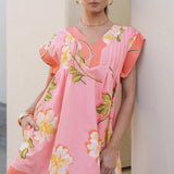 Strut & Bolt - Tropical Hibiscus V-neck Pintuck Mini Dress