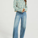 Rosa Clothing - Boho Floral Motif Rolled Neck Knit Sweater
