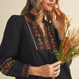 &MERCI - FLORAL CROSS STITCH EMBROIDERED PUFF SLEEVE TOP MTP4089