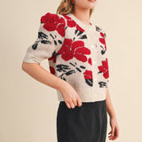 &MERCI - FLORAL KNIT SHORT PUFF SLEEVE SWEATER CARDIGAN MSW11393