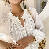 Rosa Clothing - Drawstring V Neck Puff 3/4 Sleeve Boho White Shirt