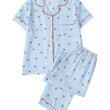 Rosa Clothing - Cute Printed Short-Sleeve Top And Pants Pajama Set