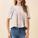 TCEC - CT9659-Pleated Detail Round Neck Short Metallic Top