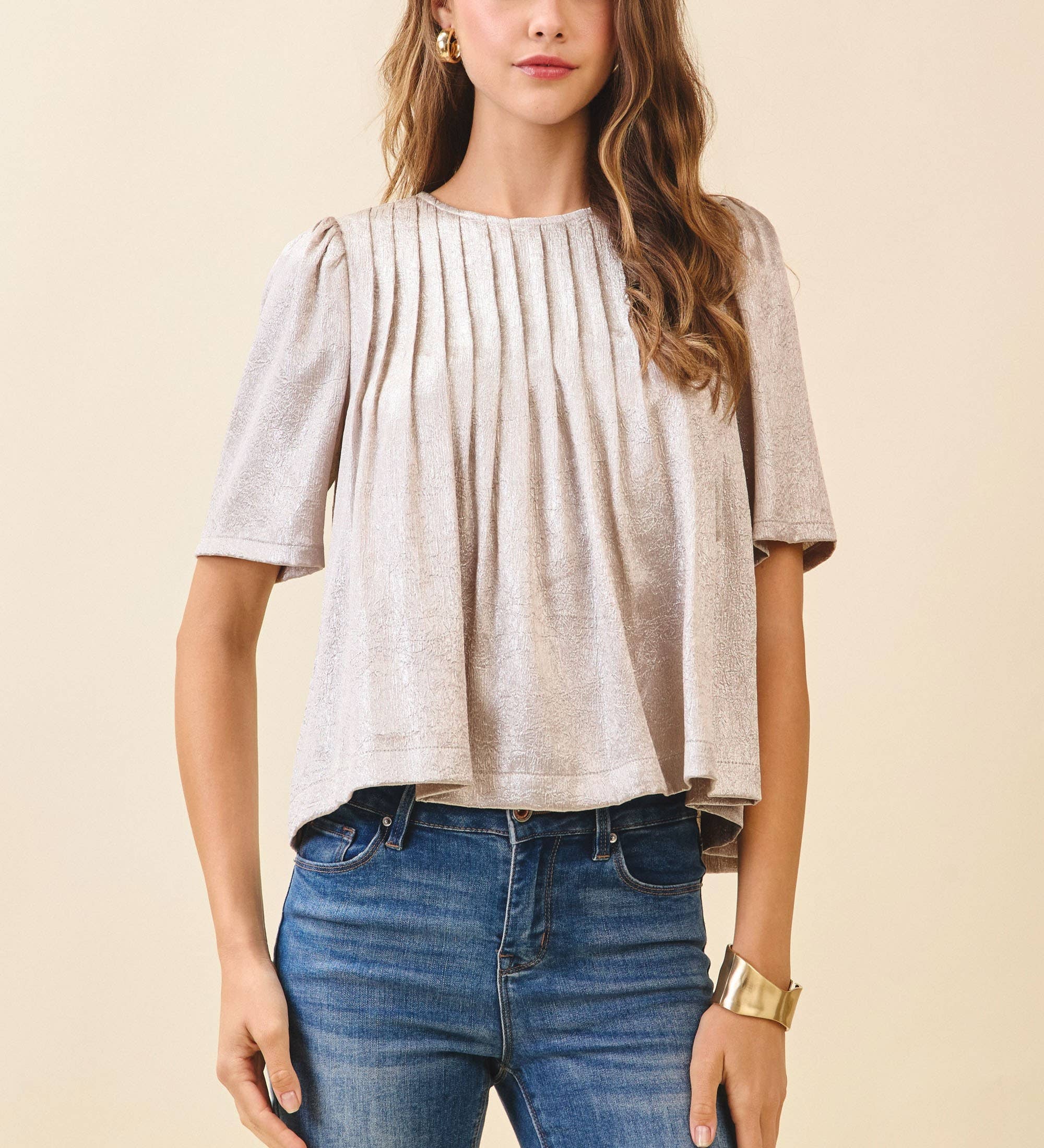 TCEC - CT9659-Pleated Detail Round Neck Short Metallic Top