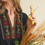 &MERCI - FLORAL CROSS STITCH EMBROIDERED PUFF SLEEVE TOP MTP4089
