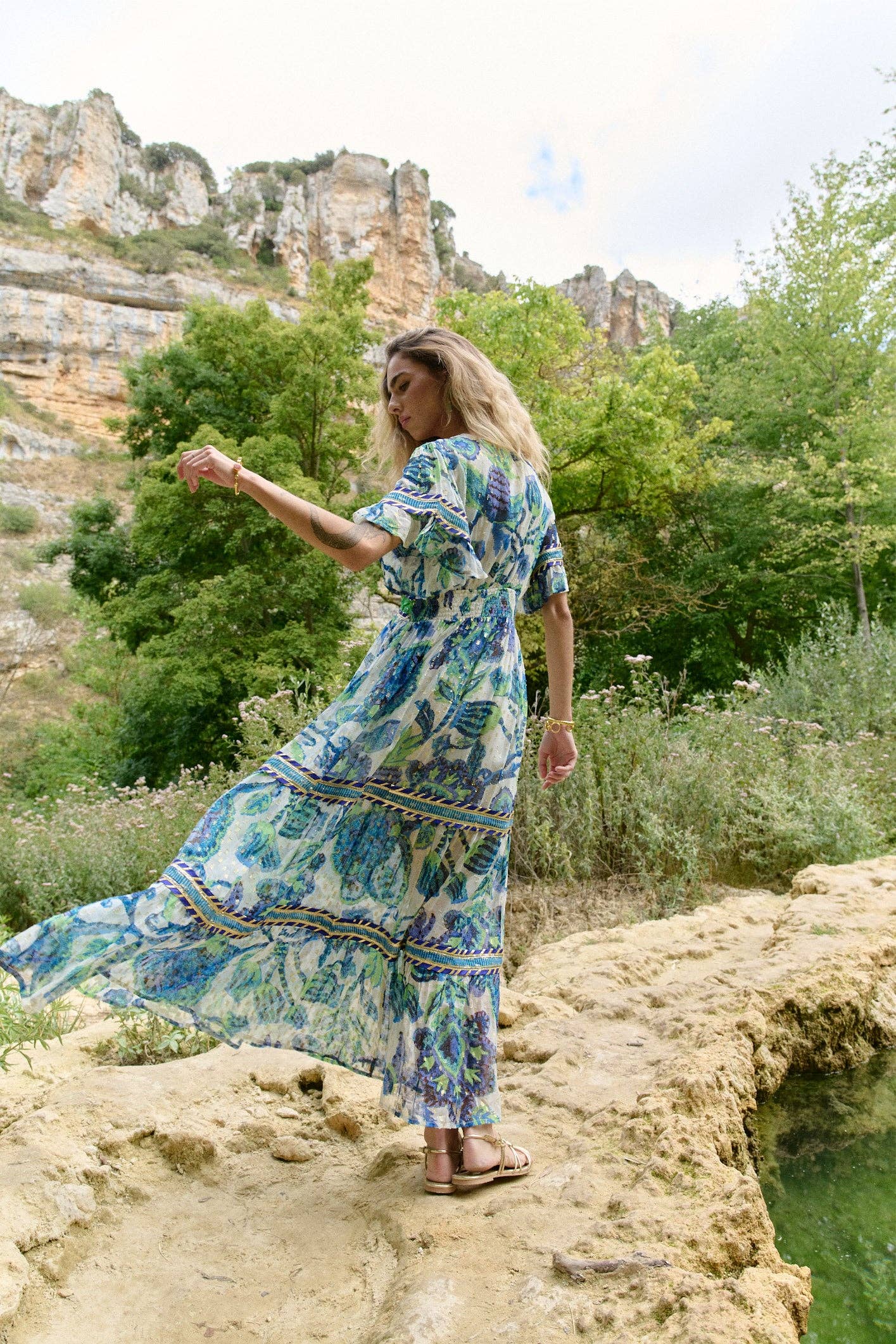 Piti Cuiti - OCEAN PEARL LONG DRESS WITH SHORT SLEEVES
