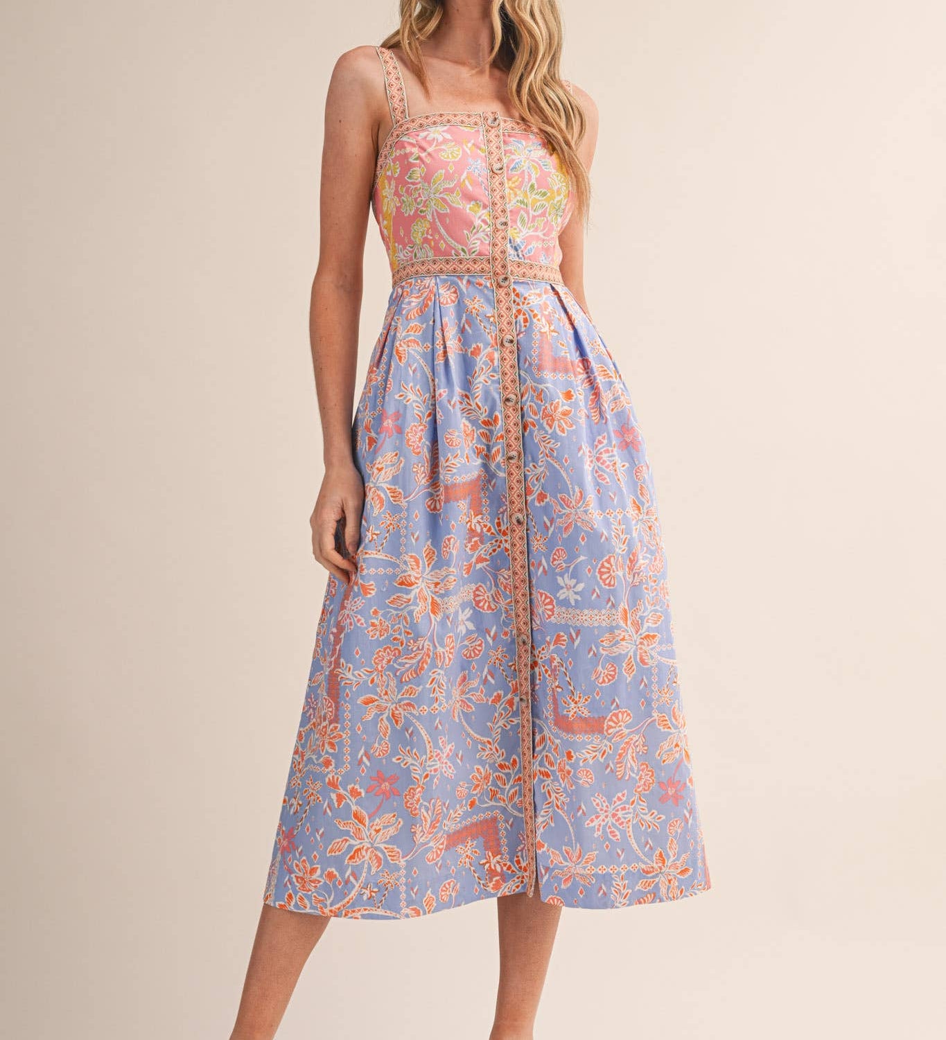 &MERCI - EXCLUSIVE FLORAL BUTTON DOWN TAPE TRIM MIDI DRESS MDR4735