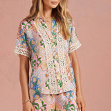Strut & Bolt - Garden Party Crochet Contrast Trim Satin Shirt