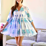 Dolma - Raya Block Printed Mini Dress White Turq