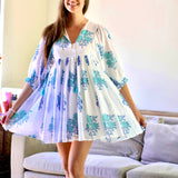 Dolma - Raya Block Printed Mini Dress White Turq