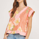 Strut & Bolt - Tropical Hibiscus V-neck Pintuck Blouse