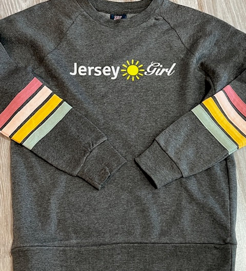 Charcoal Jersey Girl Crew Sweatshirt W/Stripes