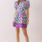 TCEC - CD06754-Floral Puff Sleeve Mini Dress With Border Hem