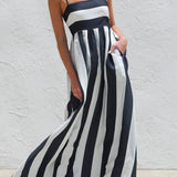 Rosa Clothing - Stripes block A-line maxi spaghetti straps dress