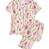 Rosa Clothing - Cute Printed Short-Sleeve Top And Pants Pajama Set