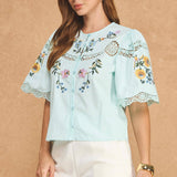 Strut & Bolt - Embroidered Floral Lace Detail Scalloped Short Sleeve Top