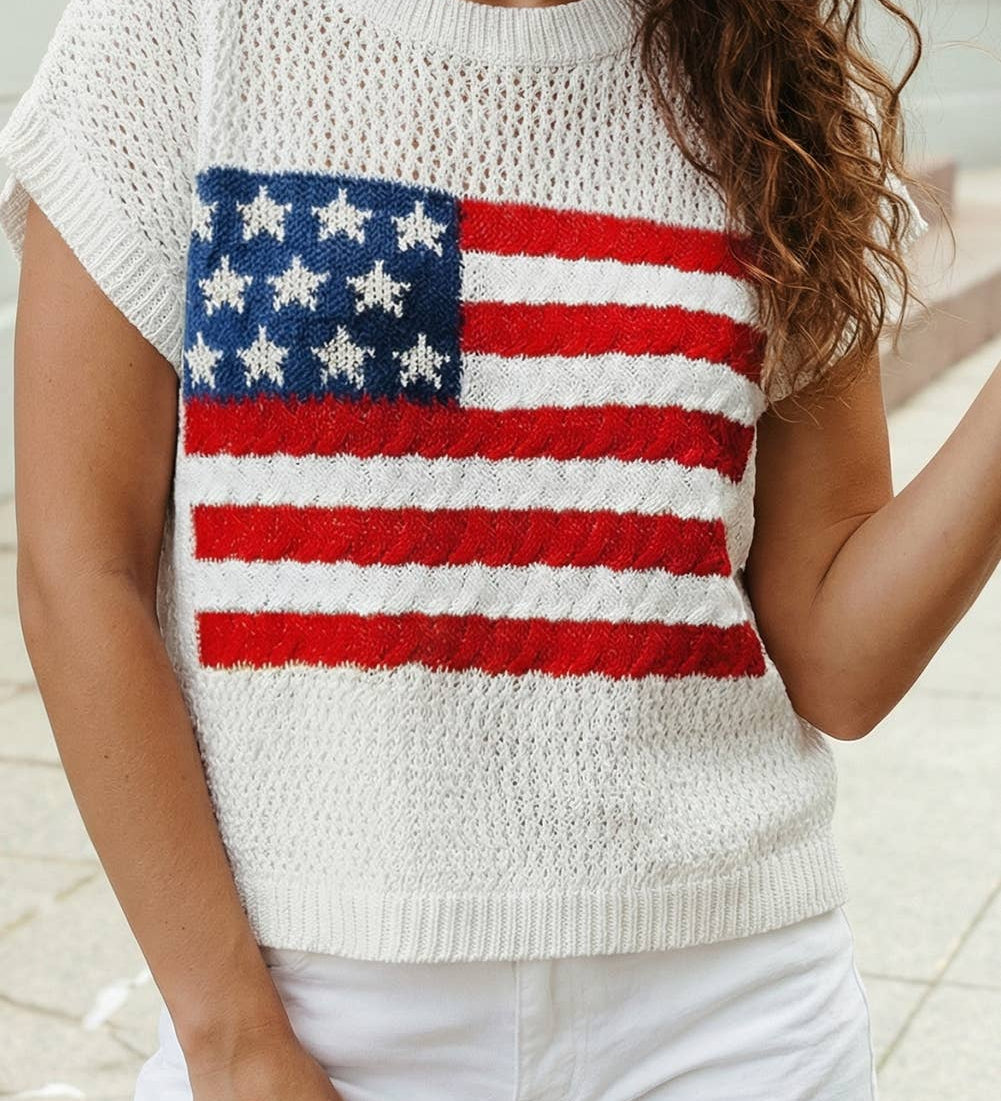 1 the Woman - 4th of July Flag  Short Sleeve Graphic Sweater Top