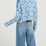 Rosa Clothing - Boho Floral Motif Rolled Neck Knit Sweater