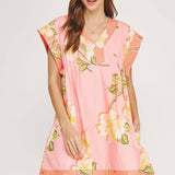 Strut & Bolt - Tropical Hibiscus V-neck Pintuck Mini Dress