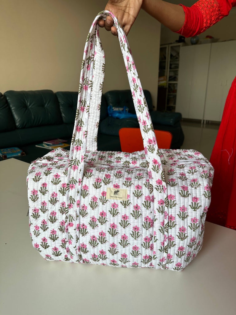 The Indian Bazaar - Boho Quilted Weekender Duffle Bag - Pink Buti Print Gift Bag