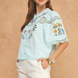 Strut & Bolt - Embroidered Floral Lace Detail Scalloped Short Sleeve Top