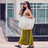 Anju Jewelry - Handcrafted Canvas Bag with Block-Printed Olive Stripes