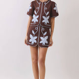 TCEC - CT9839-Appliqué Floral Short Puff Sleeve Structured Top