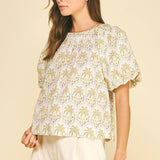 PINCH - TROPICAL PALM PRINT PUFF SLEEVE TOP - 7163TA