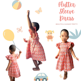 The Indian Bazaar - Girls Flutter Sleeve Dress - Peach Block Print