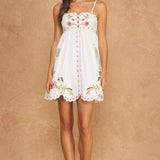 Strut & Bolt - Embroidered Palm & Floral Scalloped Babydoll Mini Dress