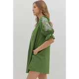 STYLE USA - Floral embroidered sleeve Solid mini dress