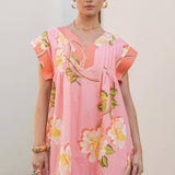 Strut & Bolt - Tropical Hibiscus V-neck Pintuck Mini Dress