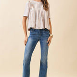 TCEC - CT9659-Pleated Detail Round Neck Short Metallic Top